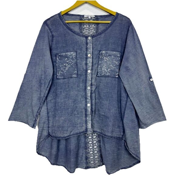 Tempo Paris Asymmetric Button Up Top Size M Sequins Crochet Boho Lagenlook Italy - Picture 1 of 9